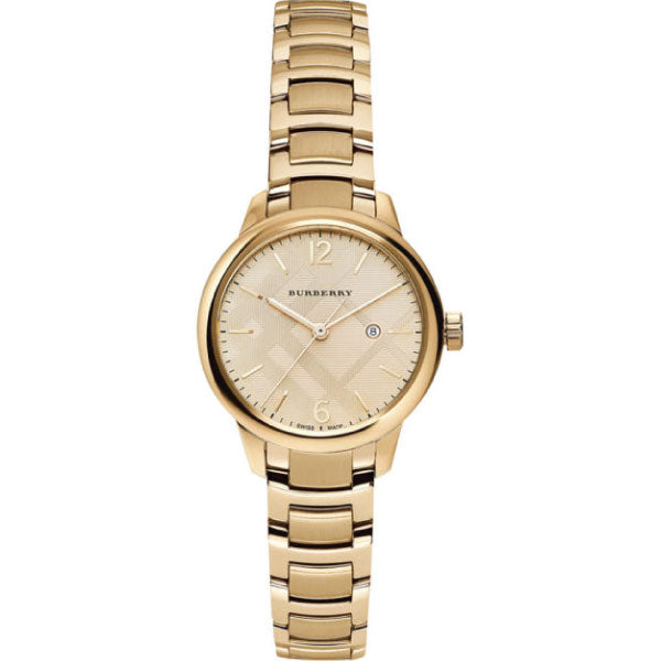 A Closeup Front Side View Burberry Gold Stainless Steel Gold Dial Quartz Watch for Ladies with White Background