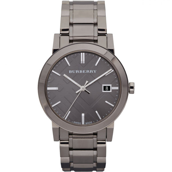 A Closeup Forntside View of Burberry Grey Stainless Steel Grey Dial Quartz Watch for Gents with White Background