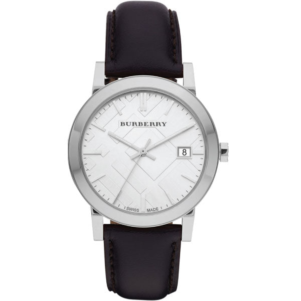 A Forntside view of Burberry Black Leather Strap silver Dial Quartz Watch for Gents with White Backgrond