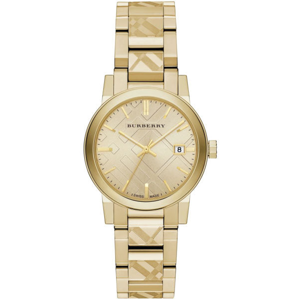 A Fornt Side View Burberry Gold Stainless Steel Gold Dial Quartz Watch for Ladies with White Background