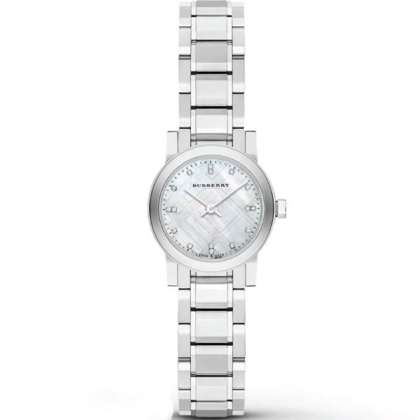 Closeup Front Side Burberry Silver Stainless Steel Mother of pearl Dial Quartz Watch for Ladies With white background