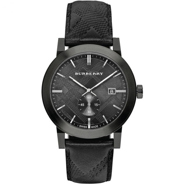 A Close up Front Side Burberry Black Leather Strap Black Dial Quartz Watch for Gents With White Background