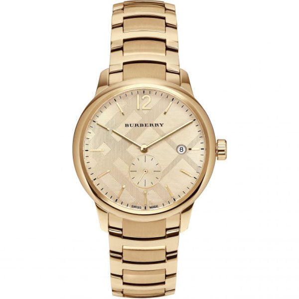 A Closeup Frontside of Burberry Classic Gold Stainless Steel Gold Dial Quartz Watch for Gents with White Background