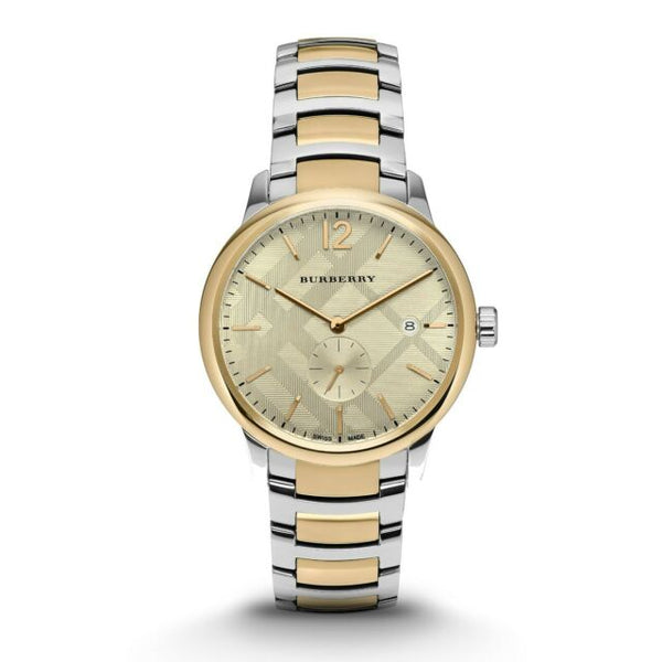 A Closeup Front View Burberry Classic Two-tone Stainless Steel Gold Dial Quartz Watch for Gents with White Background