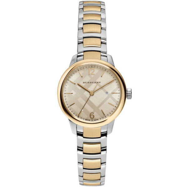 A Frontside view Burberry Classic Two-tone Stainless Steel Gold Dial Quartz Watch for Ladies with White Background