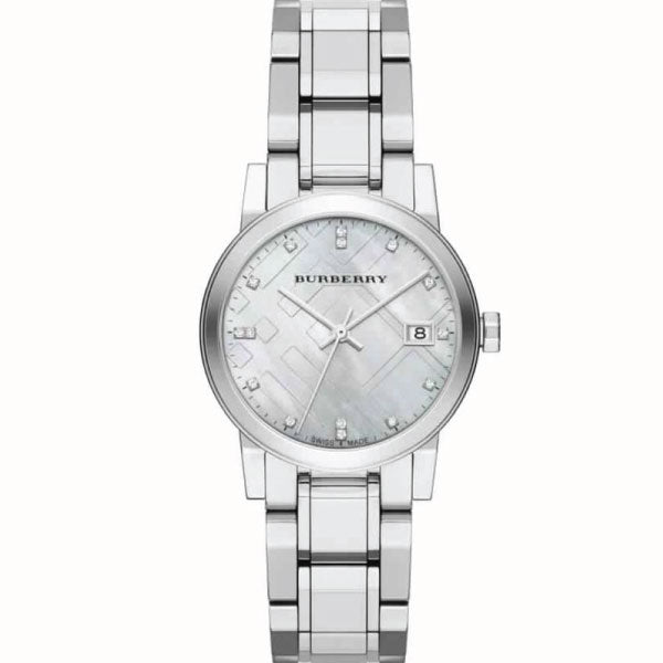 A close up Front Side view Burberry Diamond Silver Stainless Steel Mother of pearl Dial Quartz Watch for Ladies with White Background