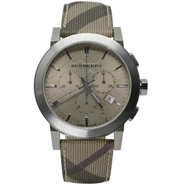 A Fornt Side View Burberry Multicolor Leather Strap Beige Dial Chronograph Quartz Watch for Gents with White Background