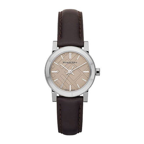 A frontal outlook of the Burberry The City Black Leather Strap Brown Dial Quartz Watch for Ladies