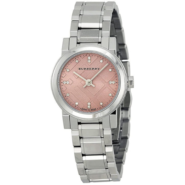 A front side view Burberry The City Silver Stainless Steel Pink Dial Quartz Watch for Ladies