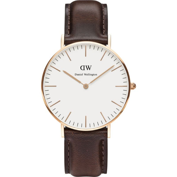 Daniel Wellington Classic Bristol 36 Dark Brown Leather Strap White Dial Quartz Watch for Ladies - DW00100039