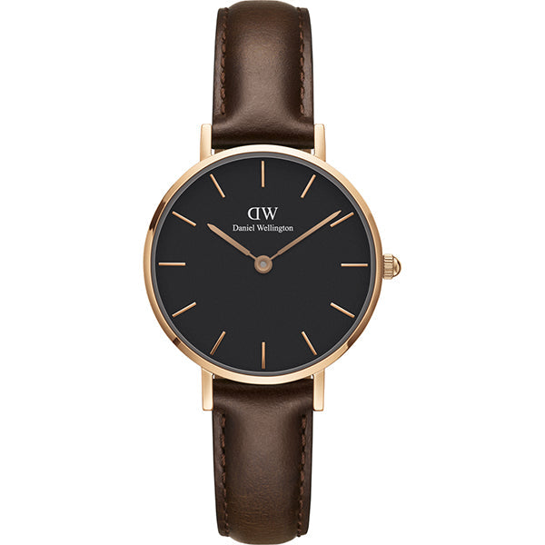 Daniel Wellington Classic Petite Brown Leather Strap Black Dial Unisex Watch - DW00100165