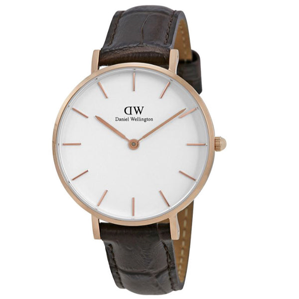 Daniel Wellington Petite York Brown Leather Strap White Dial Watch for Ladies - DW00100176