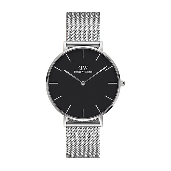 Daniel Wellington Petite Sterling 36 Silver Mesh Bracelet Black Dial Quartz Unisex Watch - DW00100304