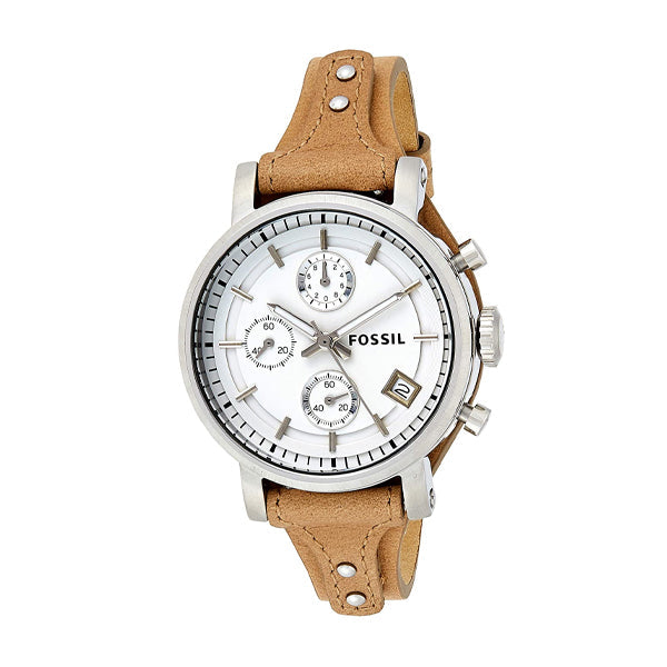 Fossil Original Boyfriend Brown Leather Strap White Dial Chronograph Quartz Watch for Ladies - ES3625