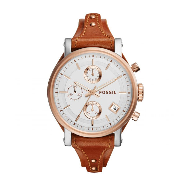 Fossil Original Boyfriend Brown Leather Strap White Dial Chronograph Quartz Watch for Ladies - ES3837