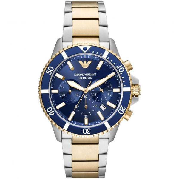 EMPORIO ARMANI Diver Two-tone Stainless Steel Navy Blue Dial Chronograph Quartz Watch for Gents -EMPORIO ARMANI AR 11362