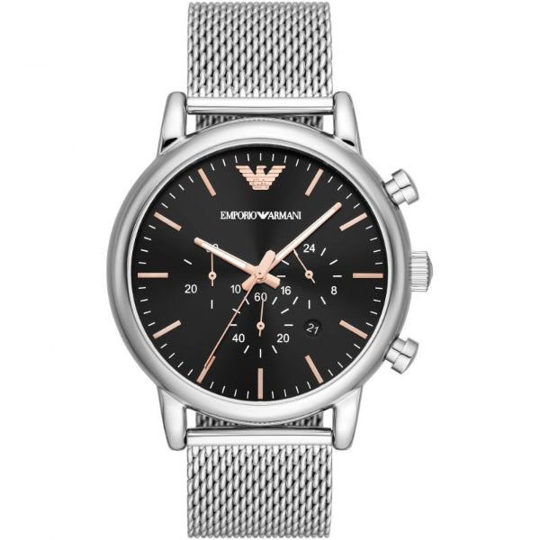 EMPORIO ARMANI Luigi Silver Mesh Bracelet Black Dial Chronograph Quartz Watch for Gents - EMPORIO ARMANI AR 11429