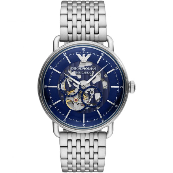 EMPORIO ARMANI Meccanico Silver Stainless Steel Blue Dial Automatic Watch for Gents - AR60024