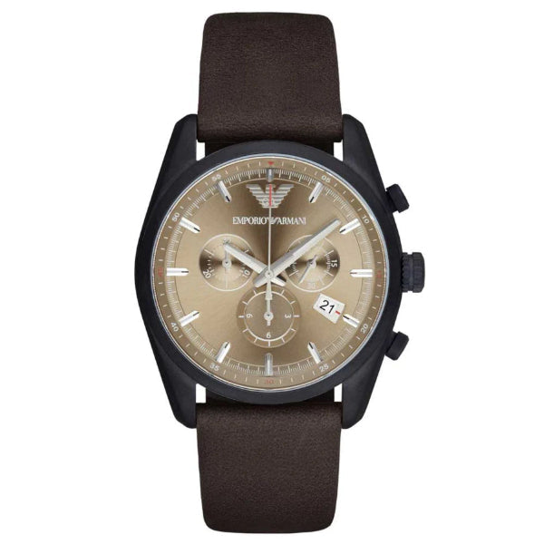 EMPORIO ARMANI Sportivo Dark Brown Leather Strap Beige Sunray Dial Chronograph Quartz Watch for Gents - AR6078