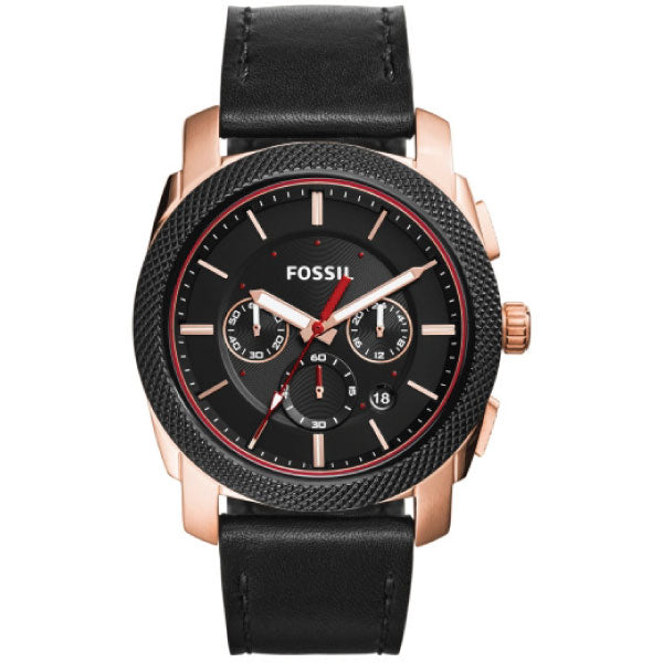 Fossil Machine Black Leather Strap Black Dial Chronograph Quartz Watch for Gents - FS5120