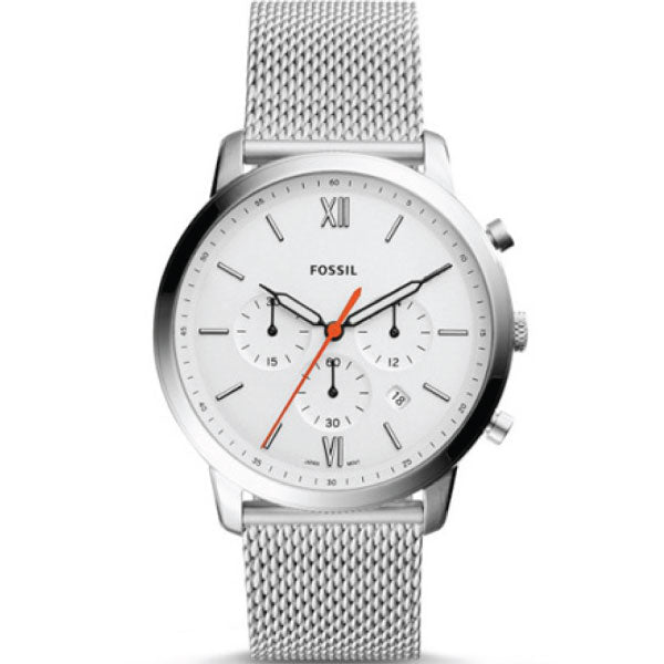 Fossil Neutra Silver Mesh Bracelet White Dial Chronograph Quartz Watch for Gents - FS5382