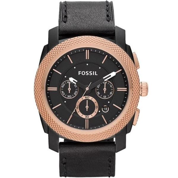 Fossil Machine Black Leather Strap Black Dial Chronograph Quartz Watch for Gents - FS4715