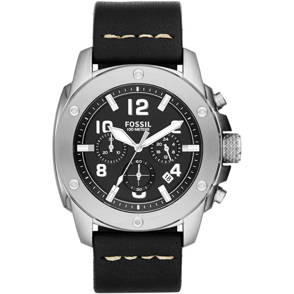 Fossil Machine Black Leather Strap Black Dial Chronograph Quartz Watch for Gents - FS4928