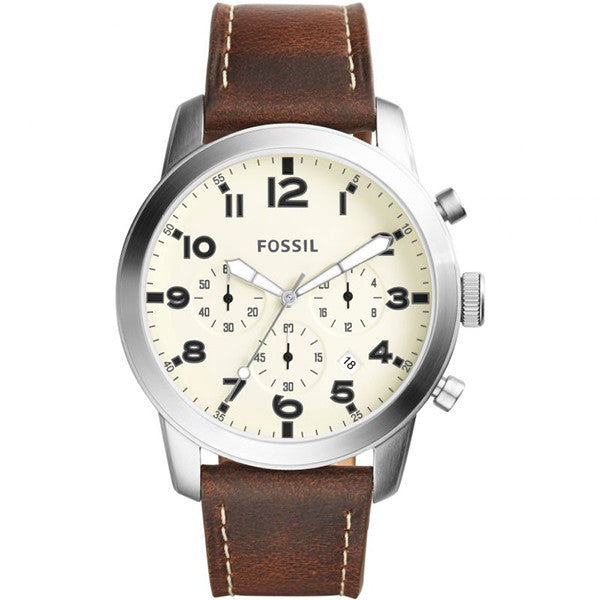 Fossil Pilot 54 Brown Leather Strap Cream Dial Chronograph Quartz Watch for Gents - FS5146