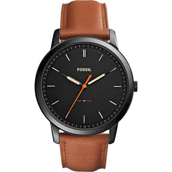 Fossil Minimalist Brown Leather Strap Black Dial Quartz Watch for Gents - FS5305