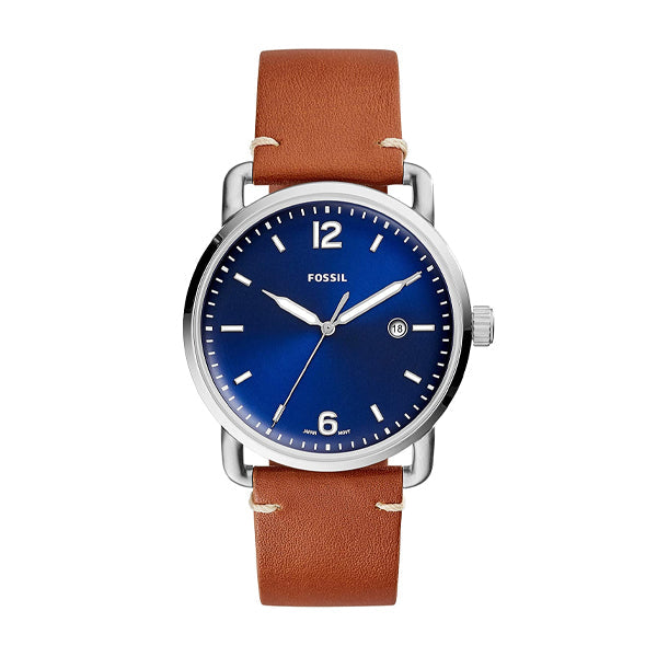 Fossil Commuter Brown Leather Strap Blue Dial Quartz Watch for Gents - FS5325