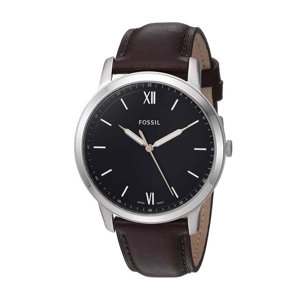 Fossil Minimalist Brown Leather Strap Black Dial Quartz Watch for Gents - FS5464