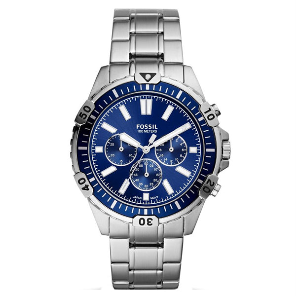 Fossil Garrett Silver Stainless Steel Blue Dial Chronograph Quartz Watch for Gents - FS5623