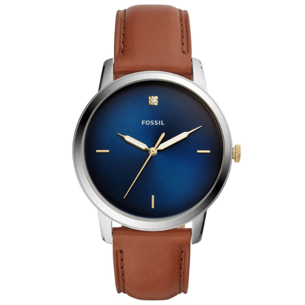 Fossil Minimalist 3H Luggage Leather Strap Blue Dial Quartz Watch for Gents - FS5499