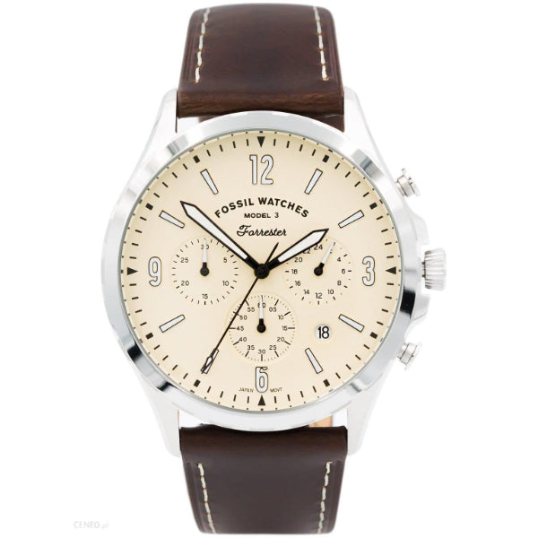 Fossil Forrester Brown Leather Strap Cream Dial Chronograph Quartz Watch for Gents - FS5696