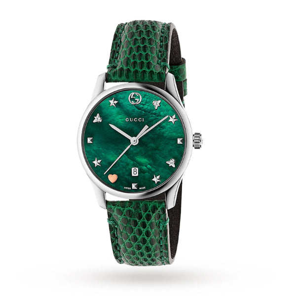 Gucci G-Timeless Green Leather Strap Green Mother of Pearl Dial Quartz Watch for Ladies - GUCCI YA 1264042