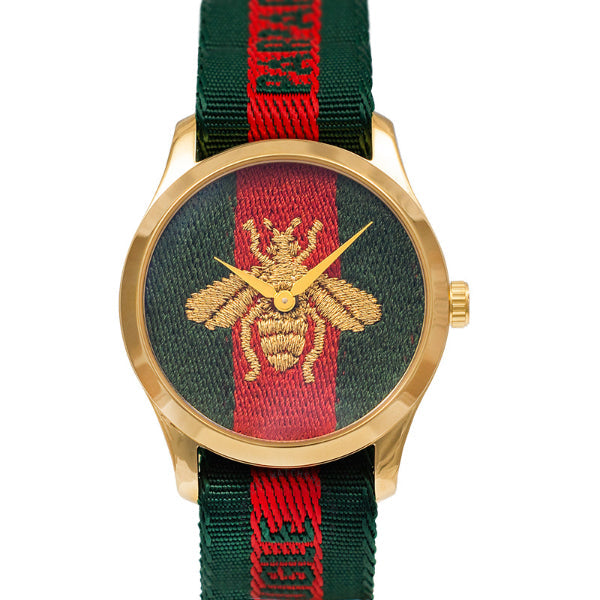 Gucci Le Marche Des Merveilles Bee Motif Two-tone NATO Strap Green Dial Quartz Unisex Watch - GUCCI YA 126487