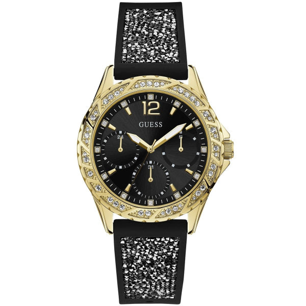 Guess Swirl Black Silicone Strap Black Dial Quartz Watch for Ladies - W1096L3