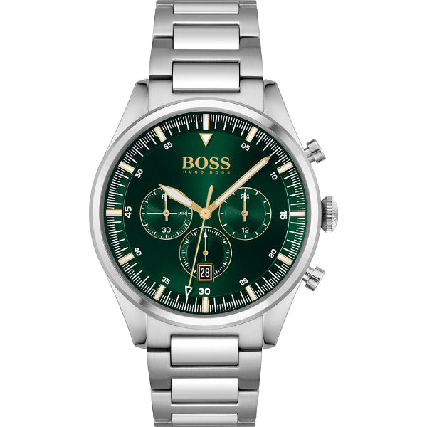 HUGO BOSS Pioneer Silver Stainless Steel Green Dial Quartz Watch for Gents- HUGO BOSS 1513868