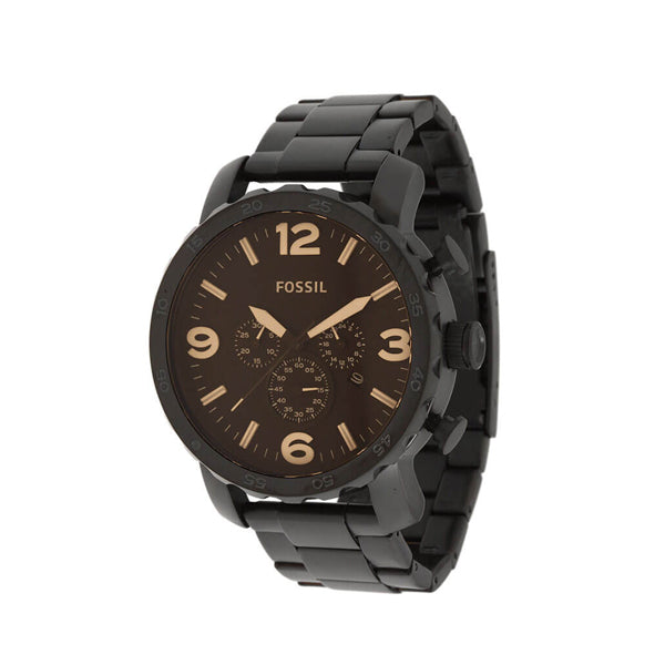 Fossil Nate Black Stainless Steel Brown Dial Chronograph Quartz Watch for Gents - JR1356