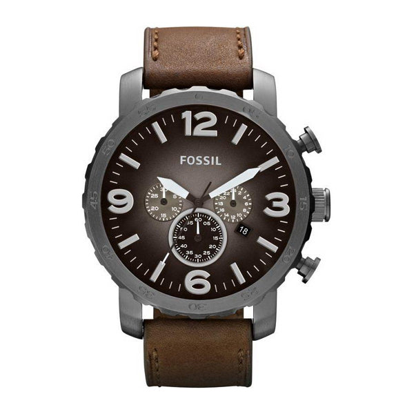 Fossil Nate Brown Leather Strap Grey Dial Chronograph Quartz Watch for Gents - JR1424