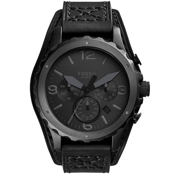 Fossil Nate Black Leather Strap Black Dial Chronograph Quartz Watch for Gents - JR1510