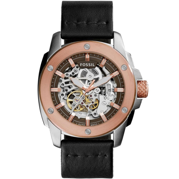 Fossil Modern Machine Black Leather Strap Skeleton Dial Automatic Watch for Gents - ME3082