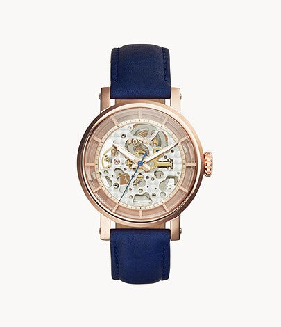 Fossil Original Boyfriend Blue Leather Strap Skeleton Dial Automatic Watch for Ladies - ME3086