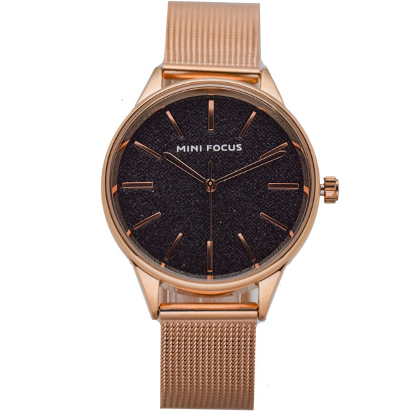 Mini Focus Rose Gold Mesh Bracelet Black Dial Quartz Watch for Ladies - MF0044L-05