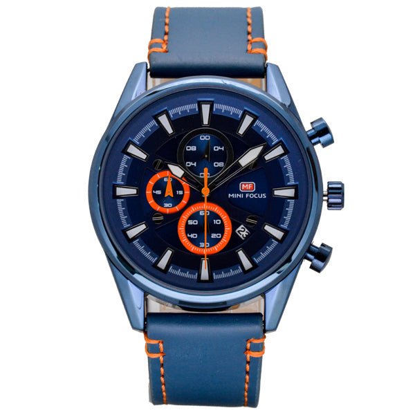 Mini Focus Blue Leather Strap Blue Dial Chronograph Quartz Watch for Gents - MF0083G-04