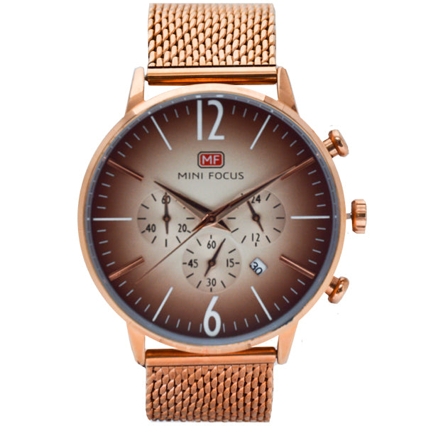 Mini Focus Rose Gold Mesh Bracelet Rose Gold Dial Chronograph Quartz Watch for Gents - MF0114G-06