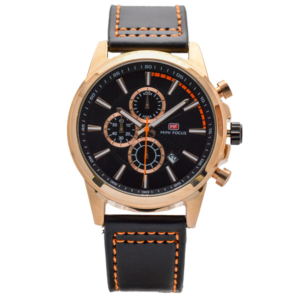 Mini Focus Black Leather Strap Black Dial Chronograph Quartz Watch for Gents - MF0129G-02