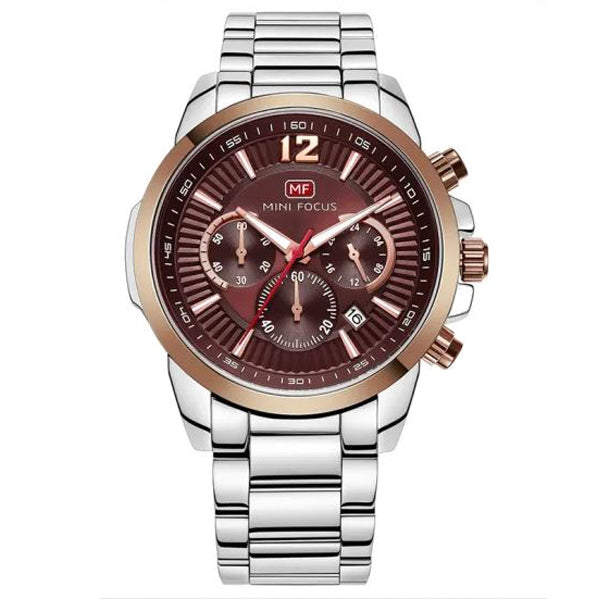 Mini Focus Silver Stainless Steel Red Dial Chronograph Quartz Watch for Gents - MF0133G-02