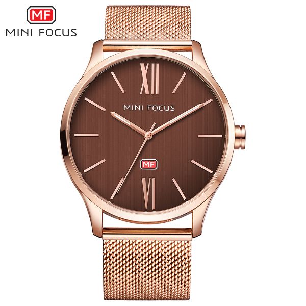 Mini Focus Rose Gold Mesh Bracelet Brown Dial Quartz Watch for Gents - MF0018G-02