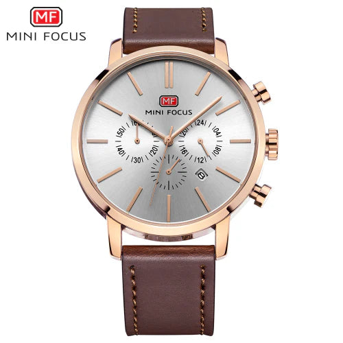 Mini Focus Brown Leather Strap Silver Dial Chronograph Quartz Watch for Gents - MF0023G-03